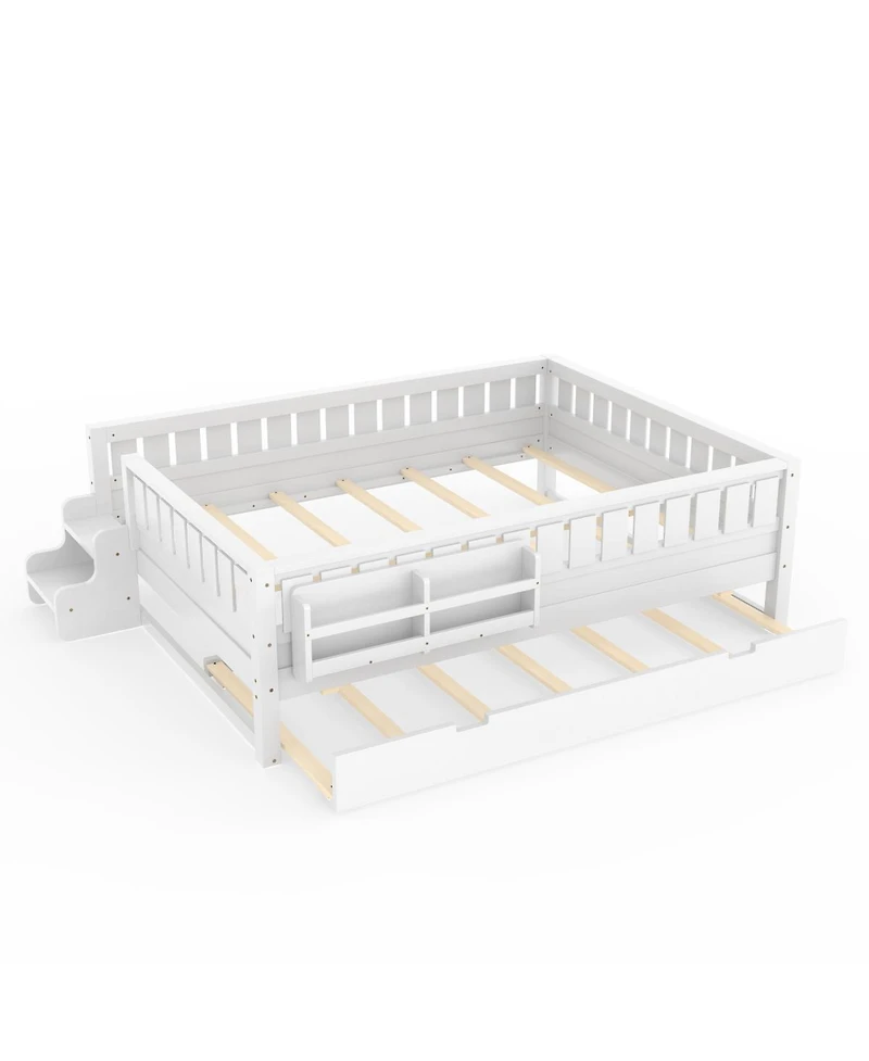 Streamdale Furniture Queen Bed with Bookshelves, Staircase, Safety Rails, and Trundle