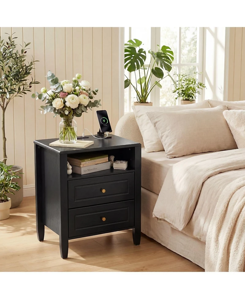 gaomon Nightstand with Charging Station, Modern Bedside Table 2 Drawers and Open Storage Shelf