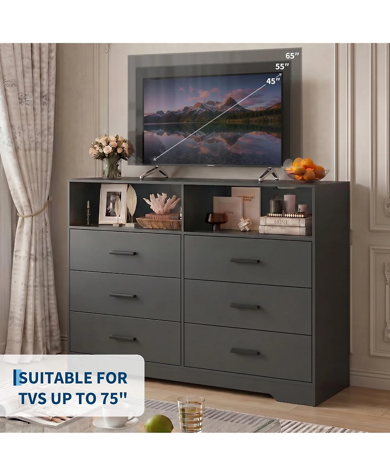 gaomon 6 Drawer Wooden Dressers for Bedroom with Charging Station and Open Shelf, 47" Wide White Dresser, Wood Chest of Drawers Deep