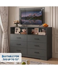 gaomon 6 Drawer Wooden Dressers for Bedroom with Charging Station and Open Shelf, 47" Wide White Dresser, Wood Chest of Drawers Deep