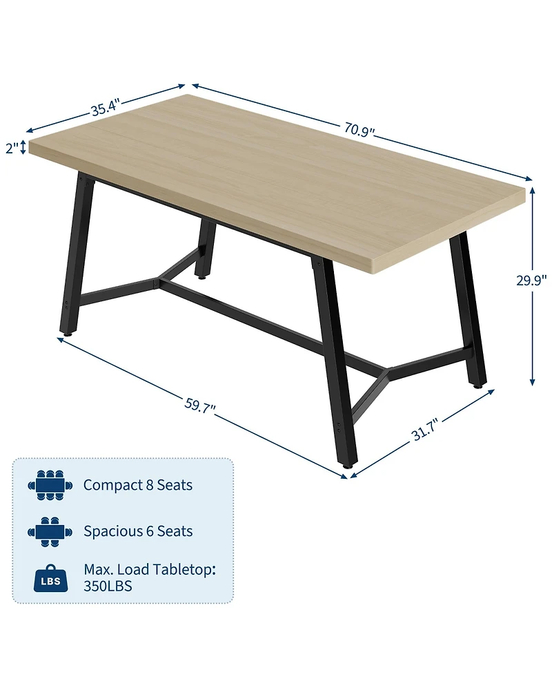 gaomon 71" Wood Dining Table for 6-8 People, Rectangular Kitchen with Metal Legs, Curved Edges and Recessed Footrest Room