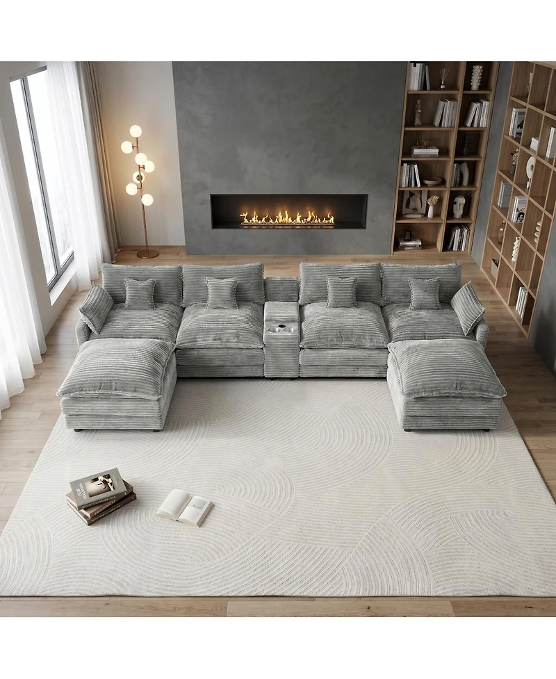 Streamdale Furniture 145" U-Shaped Oversized Corduroy Modular Sectional Sofa with Usb Port
