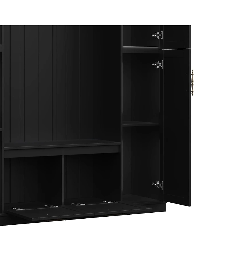 Streamdale Furniture Farmhouse Hall Tree with 4 Side Cabinets, Bench, and Coat Rack