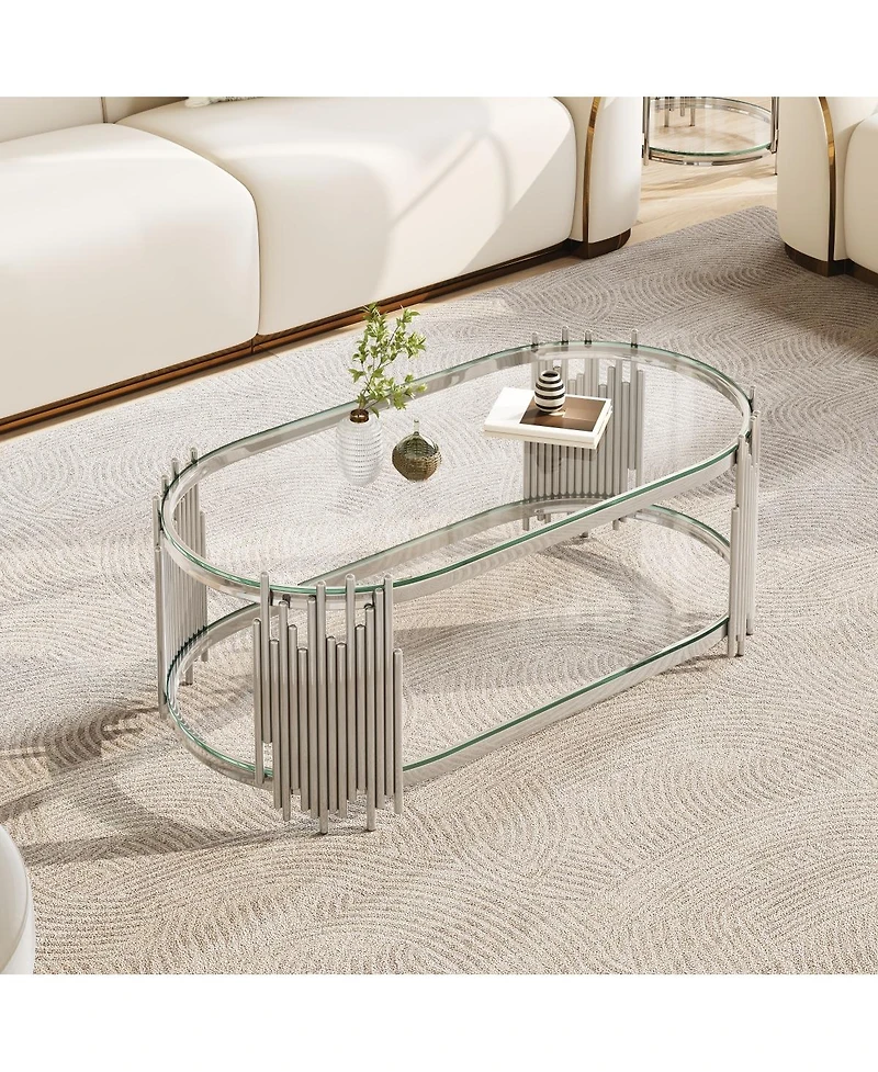 Streamdale Furniture Luxury Silver 2-Tier Oval Glass Coffee Table with Stainless Steel Frame