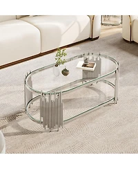 Streamdale Furniture Luxury Silver 2-Tier Oval Glass Coffee Table with Stainless Steel Frame
