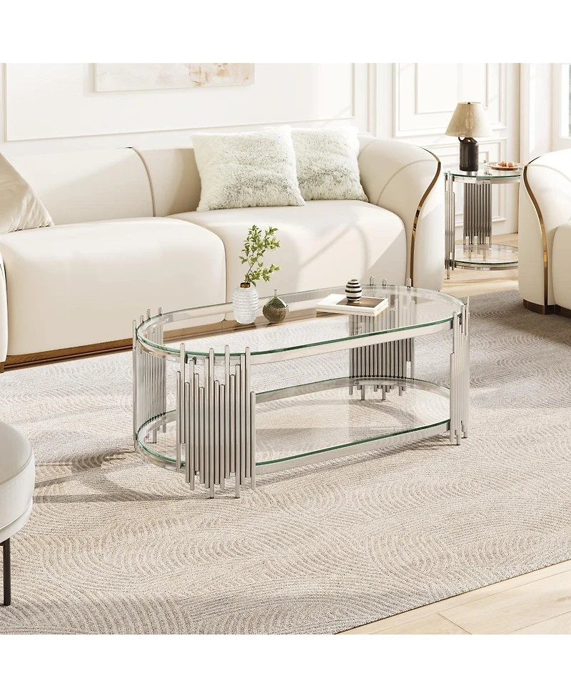 Streamdale Furniture Luxury Silver 2-Tier Oval Glass Coffee Table with Stainless Steel Frame