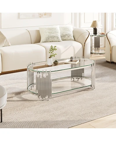 Streamdale Furniture Luxury Silver 2-Tier Oval Glass Coffee Table with Stainless Steel Frame