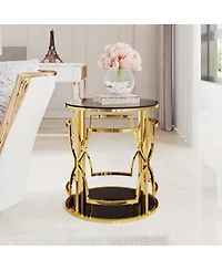 Streamdale Furniture 19.7" Luxury Gold Round Side Table with Tempered Glass Top and Storage Shelf
