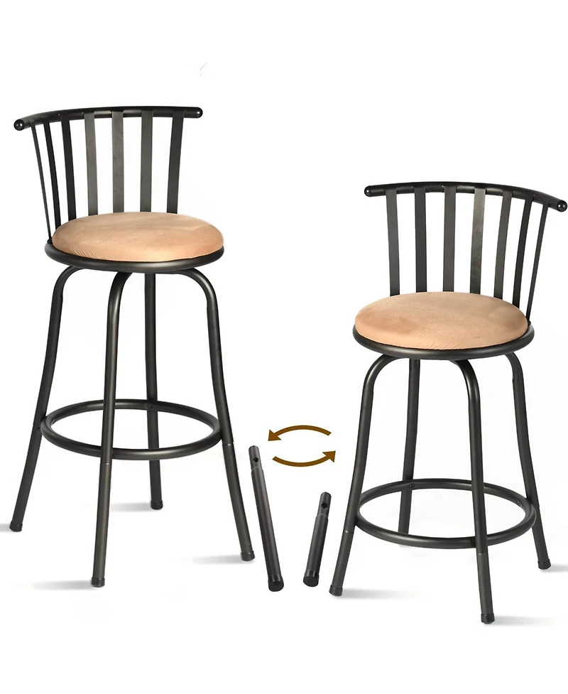 HomeRoots Set of Two Suede Faux Leather and Iron Low Back Adjustable Height Swivel Bar Chairs