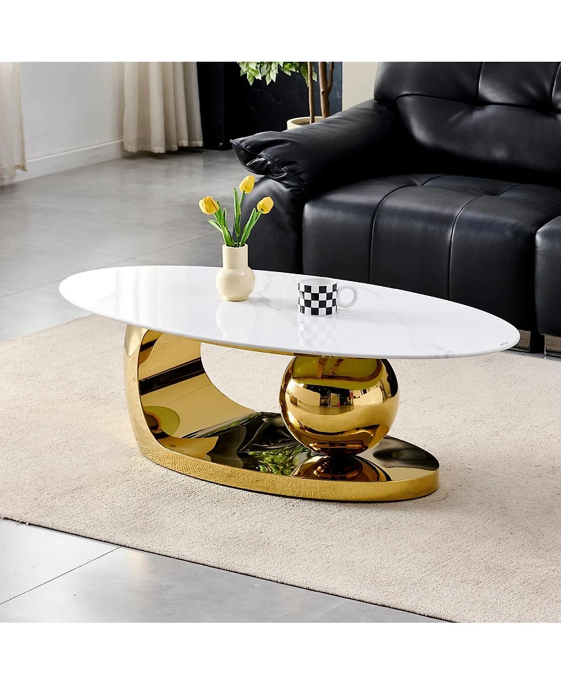 Streamdale Furniture 51.2" Oval Faux Marble Coffee Table with Gold Stainless Steel Base