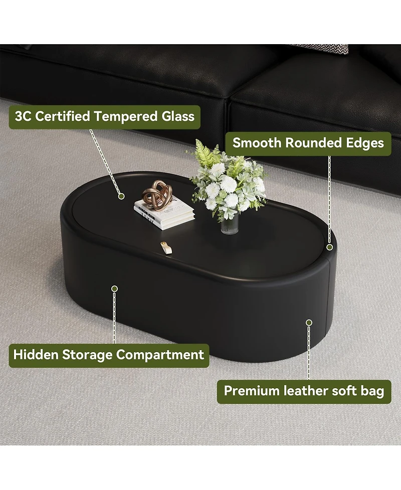 Streamdale Furniture 33.46" Oval Hidden Storage Coffee Table with Tempered Glass and Leather Top