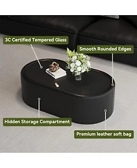 Streamdale Furniture 33.46" Oval Hidden Storage Coffee Table with Tempered Glass and Leather Top
