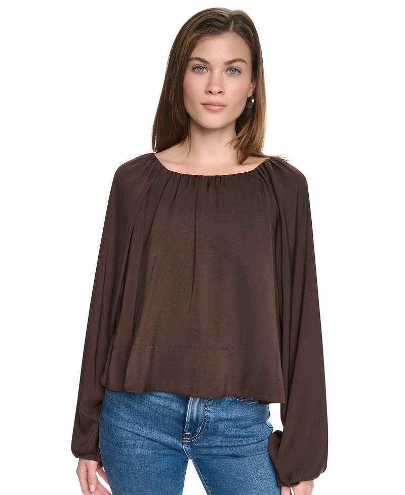 Dkny Jeans Women's Shirred Boat Neck Raglan Long-Sleeve Top