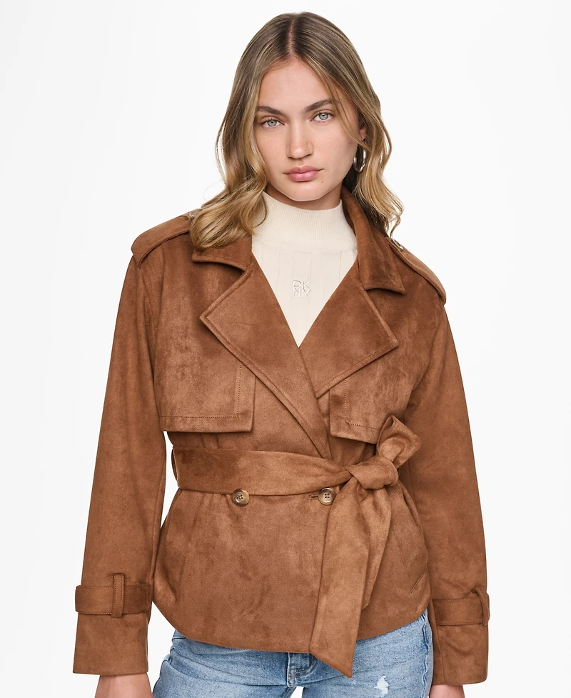 Dkny Jeans Women's Faux Suede Collared Short Trench Jacket