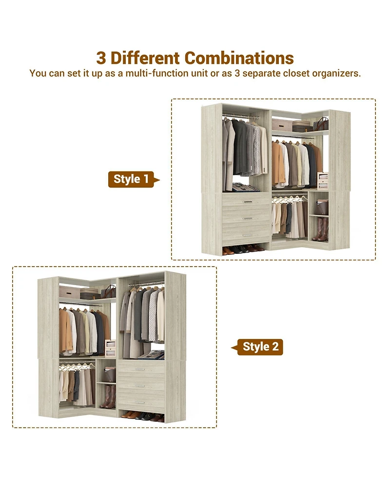 Aheaplus 57-In Corner Closet System Set with Wood Drawers and Hanging Rods