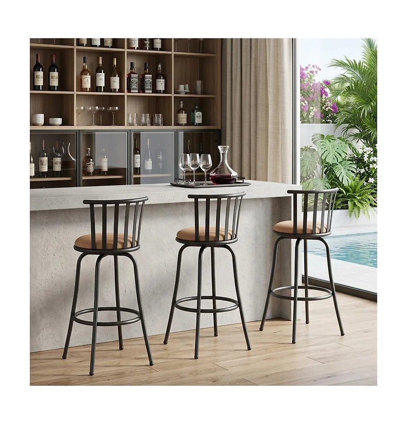 HomeRoots Set of Three Suede Faux Leather and Iron Low Back Adjustable Height Swivel Bar Chairs