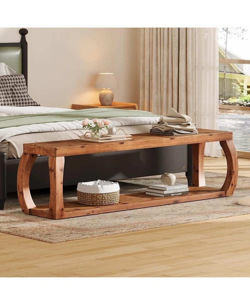 Slickblue 59" Solid Wood Entryway Bench with 2-Tier Shoe Storage