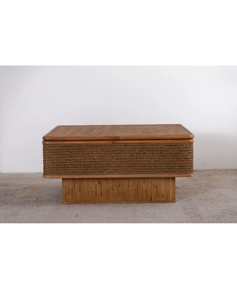 Streamdale Furniture 31.52" Square Rattan and Hemp Rope Coffee Table with Adjustable Storage