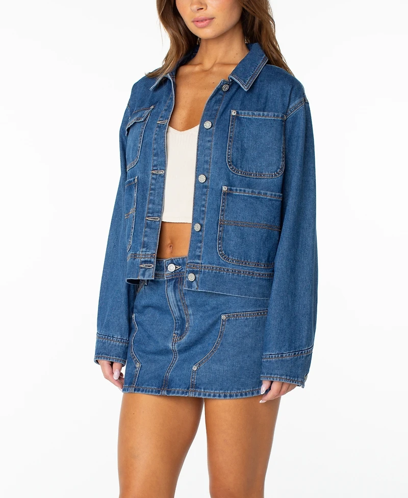 Roxy Women's Reel Life Cropped Oversized-Pocket Denim Jacket