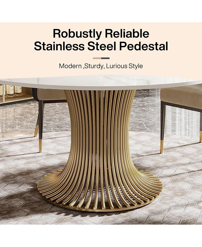 Tribesigns 59" Sintered Stone Round Dining Table for 6-8: Luxury table with steel pedestal for dining room, living room. (Table only)