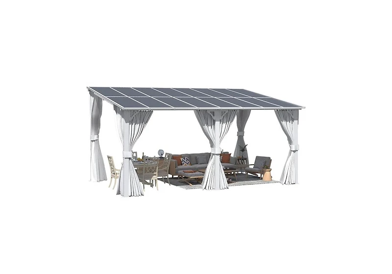 Aecojoy 16' x 10'Wall Mounted Hardtop Gazebo Lean to Metal Pergola with Curtains Netting Patio