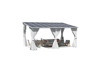 Aecojoy 16' x 10'Wall Mounted Hardtop Gazebo Lean to Metal Pergola with Curtains Netting Patio