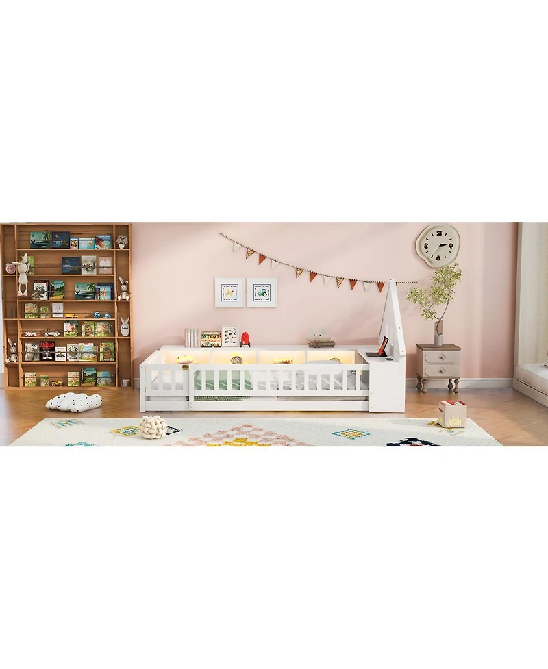 Streamdale Furniture Twin Wood House Floor Bed with Storage, Led, Usb and Outlets