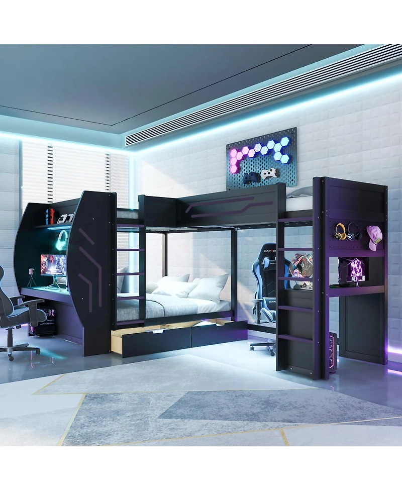 Streamdale Furniture L-Shaped 3-in-1 Full and Twin Gaming Bunk Bed with Desks, Storage and Led Lights