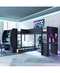 Streamdale Furniture L-Shaped 3-in-1 Full and Twin Gaming Bunk Bed with Desks, Storage and Led Lights