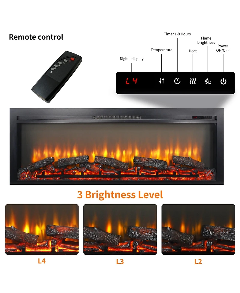 Mondawe 54 Inch In Wall Recessed Electric Fireplace With Remote And Multi Color Flame And Emberbed