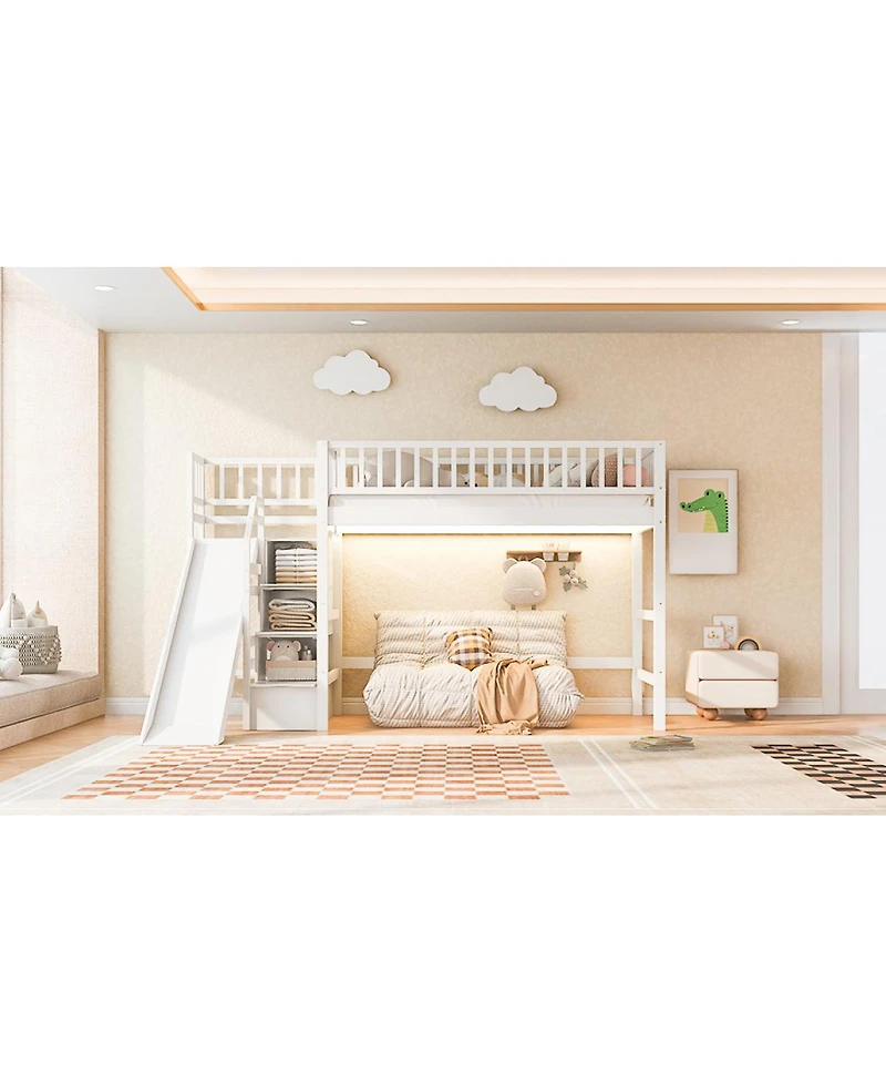 Streamdale Furniture Twin Size Loft Bed with Storage Staircase, Slide and Led Light
