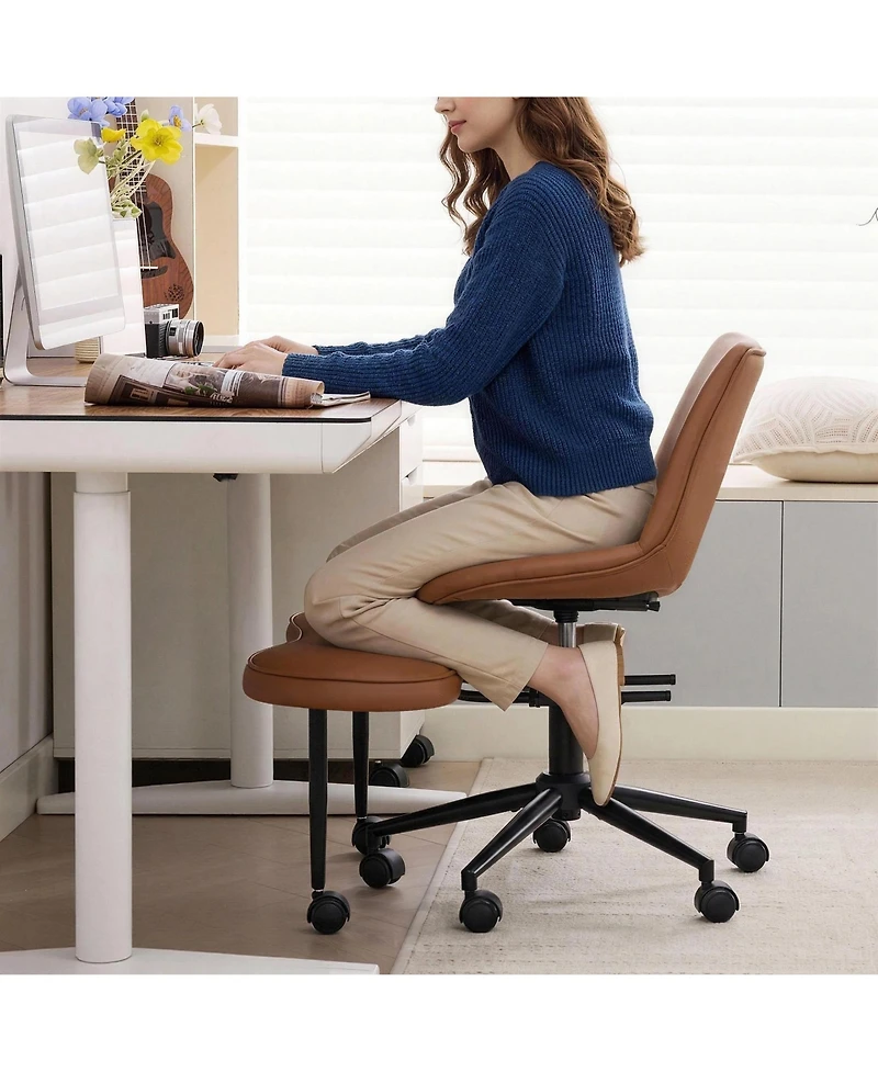 homfan Ergonomic Cross Legged Lounge Chair, Pu Leather Adjustable Height Swivel Chair with Lumbar Support for Meditation or Yoga