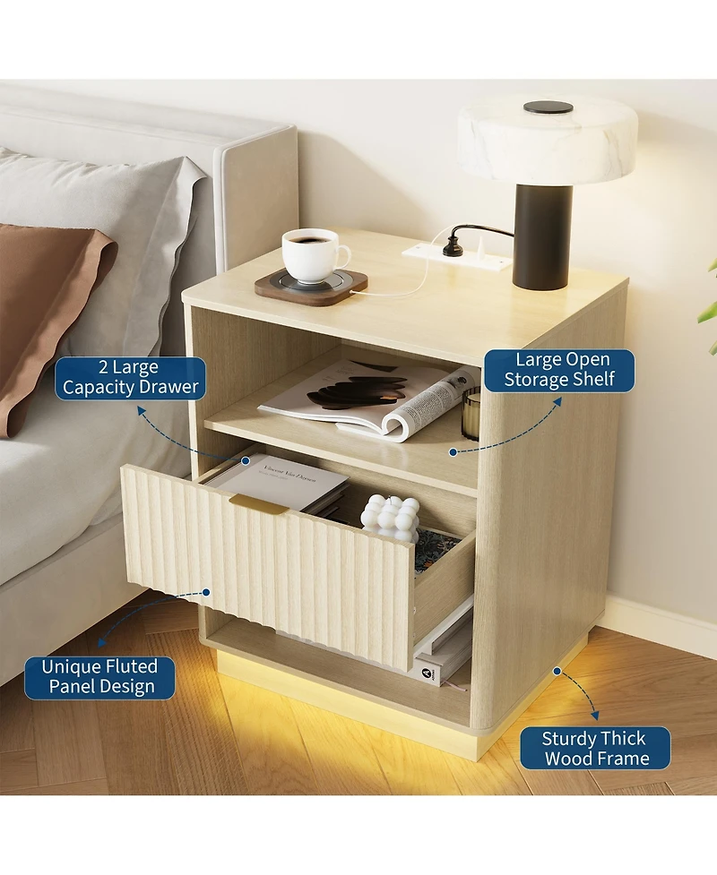 homfan Set of 2 Fluted Nightstands – Wooden Night Stand with Charging Station and Led Light, Bedside End Table with Drawer, 20"x15.7"x24", Wood Tone