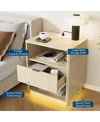 homfan Set of 2 Fluted Nightstands – Wooden Night Stand with Charging Station and Led Light, Bedside End Table with Drawer, 20"x15.7"x24", Wood Tone