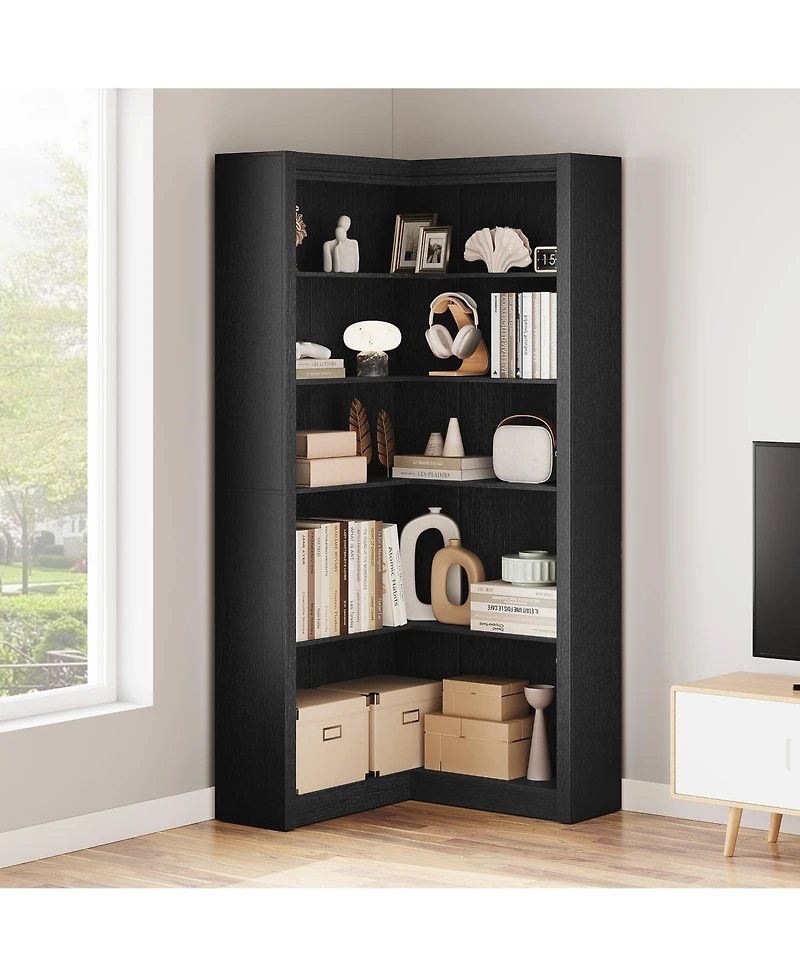 homfan 71.8" L-Shaped Farmhouse Corner Bookshelf, 5-Tier Wood Bookcase with Anti-Tipping Kit