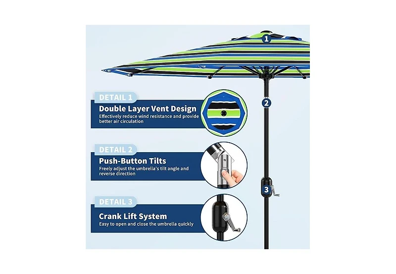 homfan 9 Feet Patio Umbrella, Outdoor Market Umbrella with Push Button Tilt and Crank, 8-Rib Iron Frame, striped