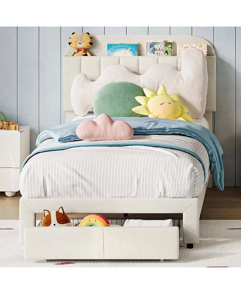 homfan 2 Sets Twin Upholstered Platform Bed Set, Bookcase Headboard with Large Storage Drawer, No Box Spring Required, Easy Assembly