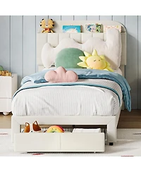 homfan 2 Sets Twin Upholstered Platform Bed Set, Bookcase Headboard with Large Storage Drawer, No Box Spring Required, Easy Assembly