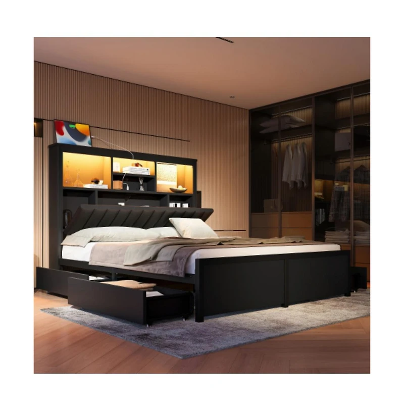 Lucky One Queen Size Bed Frame with High Storage Headboard, Led Lights, Usb Charging Station, 4 Drawers, All-Metal Support, 1200lbs