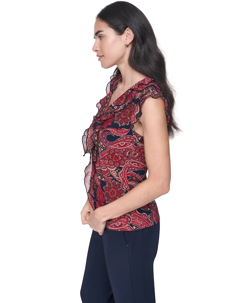 Tommy Hilfiger Women's Sleeveless Paisley V-Neck Ruffle Top