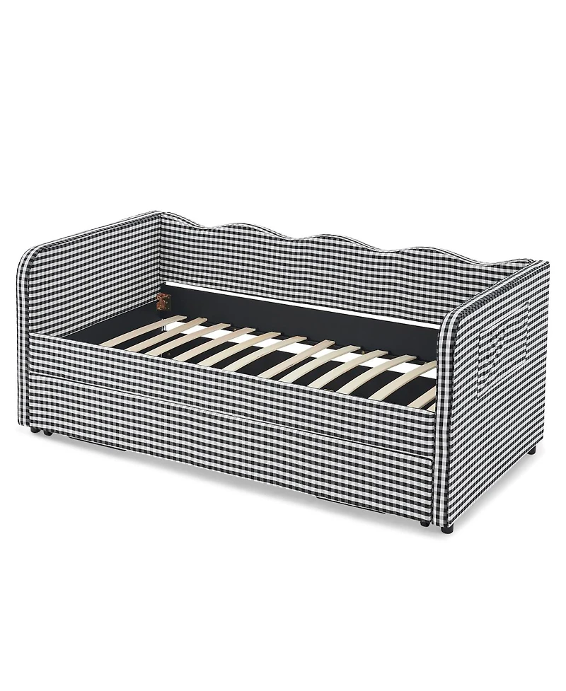Streamdale Furniture Gingham Upholstered 3-in-1 Twin Daybed with Trundle and Storage