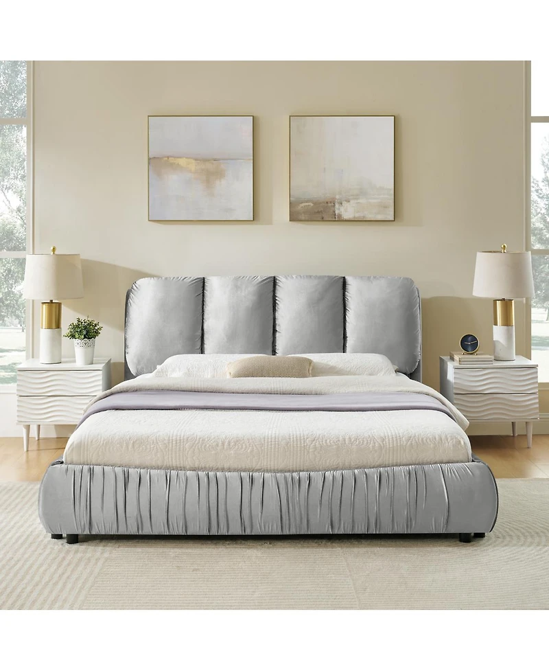 Streamdale Furniture Queen Size Upholstered Bed Frame with Segmented Velvet Headboard