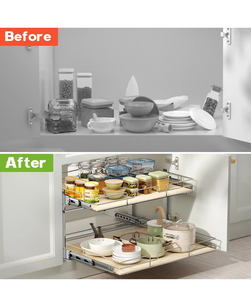 Lovmor 2 Tier Individual Pull Out Cabinet Organizer D Slide Wood Shelves Storage for Kitchen