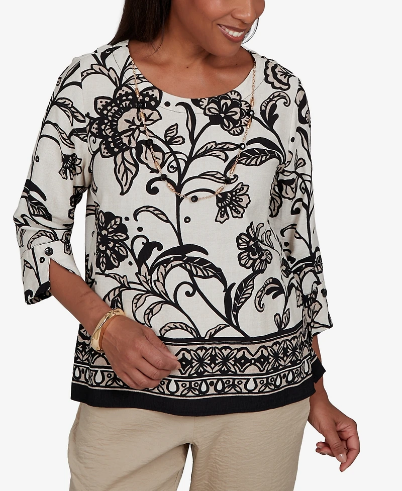 Alfred Dunner Women's Travel Advisory Scroll Border Top With Necklace