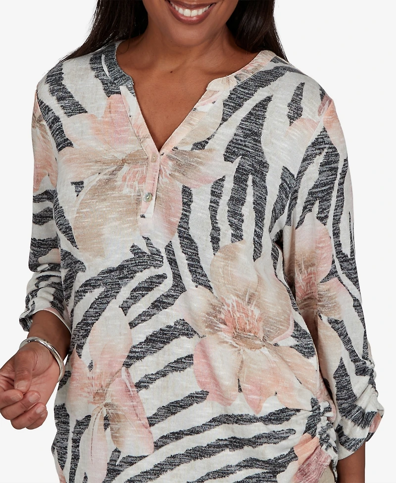 Alfred Dunner Women's Travel Advisory Animal Floral Henley Top