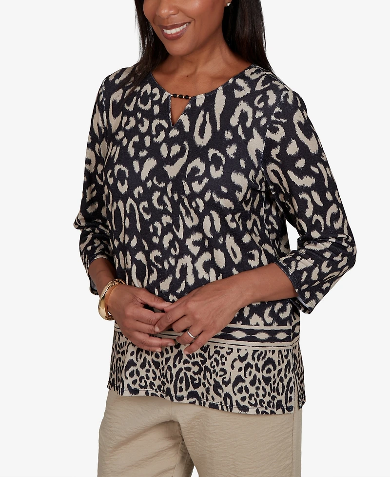 Alfred Dunner Women's Travel Advisory Animal Print Split Neck Knit Top