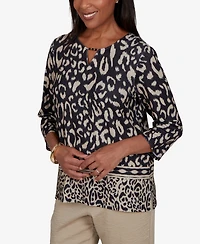 Alfred Dunner Women's Travel Advisory Animal Print Split Neck Knit Top