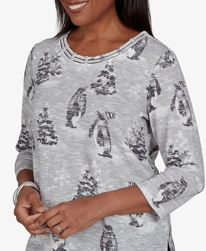 Alfred Dunner Women's Classic Penguins And Trees Knit Top