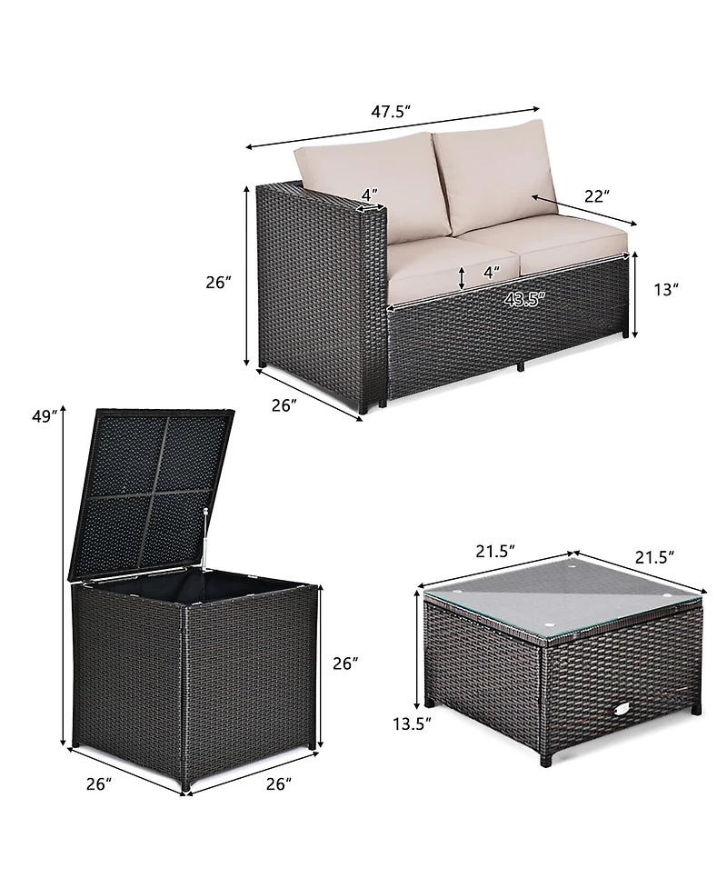 4PCS Outdoor Patio Rattan Furniture Set Cushioned Loveseat Storage Table