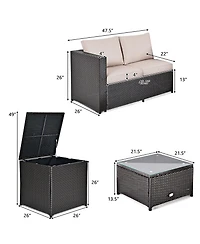 4PCS Outdoor Patio Rattan Furniture Set Cushioned Loveseat Storage Table